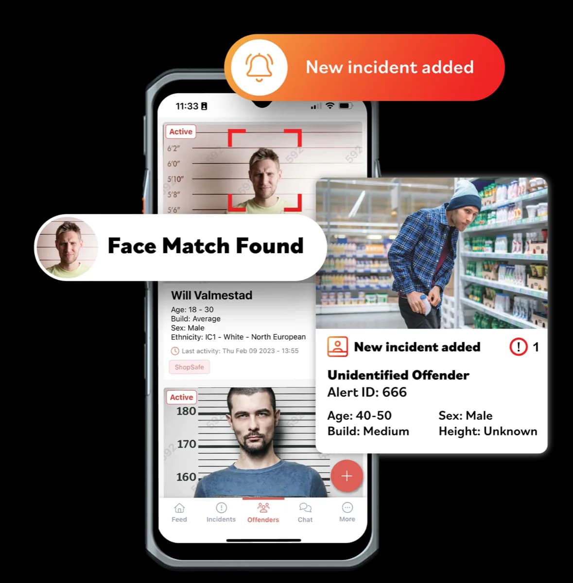 Alert app showing a face match found and a new incident added