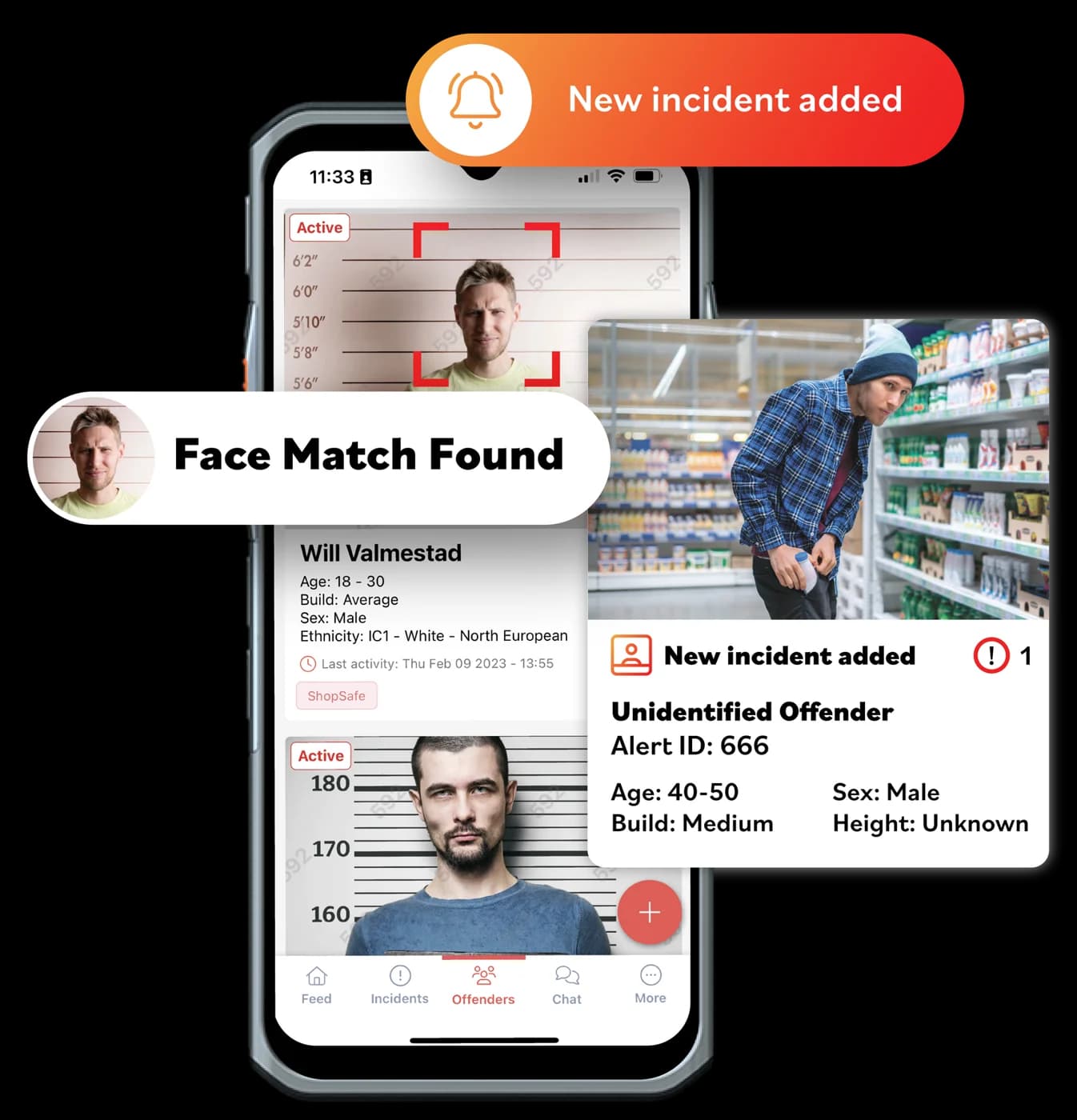 Alert app showing a face match and a new incident