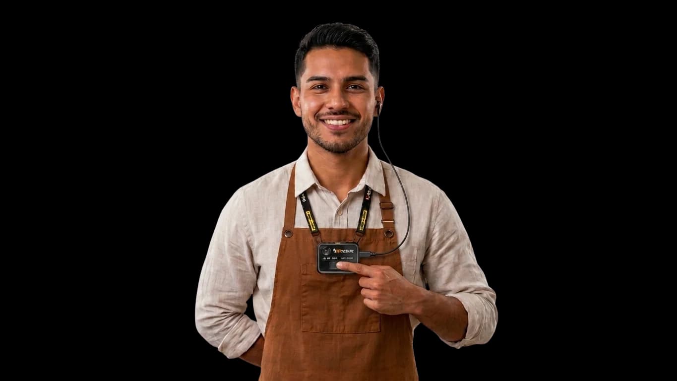 Colleague pressing push-to-talk on a ShopSafe ONE with an earpiece