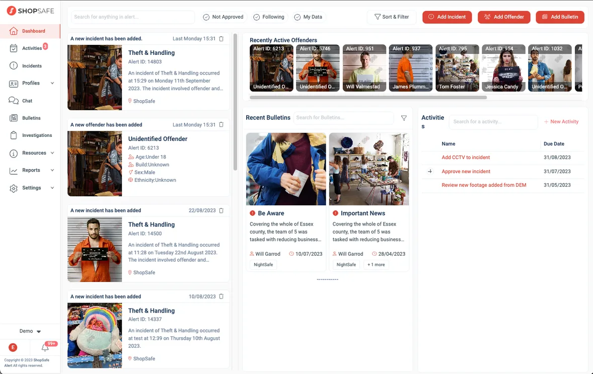 Alert web app dashboard with activity feed, active offenders, bulletins and activities