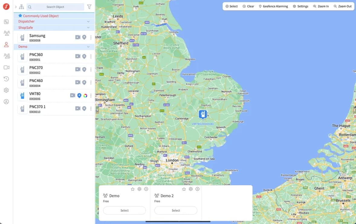 Smart Dispatch console with radio users listed beside a live map