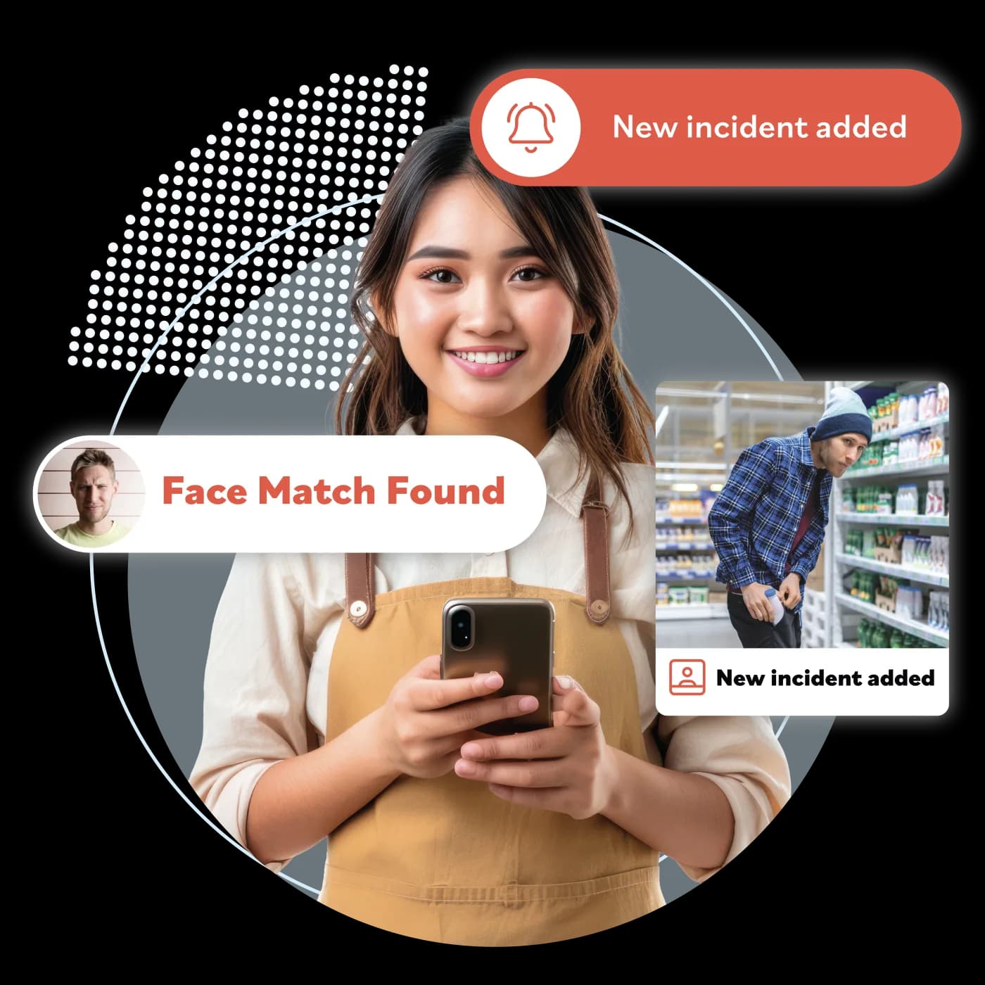 Retail colleague using the ShopSafe Alert app with a face match and new incident alert